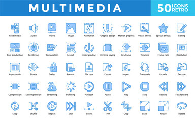 Multimedia icons set with multimedia, audio, video, image, animation, graphic design, motion graphics, visual effects, special effects, editing icon. Simple retro vector 
