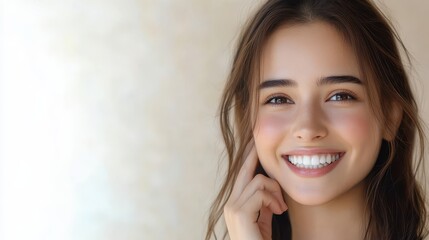Fototapeta premium Bright and Confident Smile – Beautiful Young Woman with Healthy Skin and Radiance