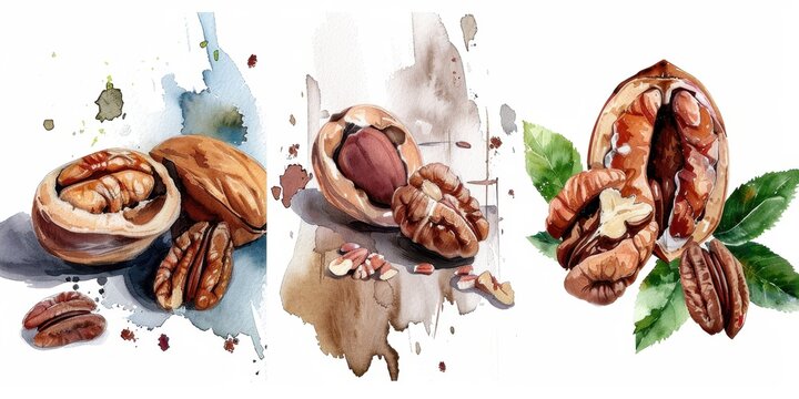 National Pecan Month. Watercolor pecan nut illustrations with leaves on artistic backgrounds