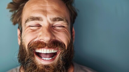 Joyful laughter portrait of a bearded man with a radiant smile. National Humor Month