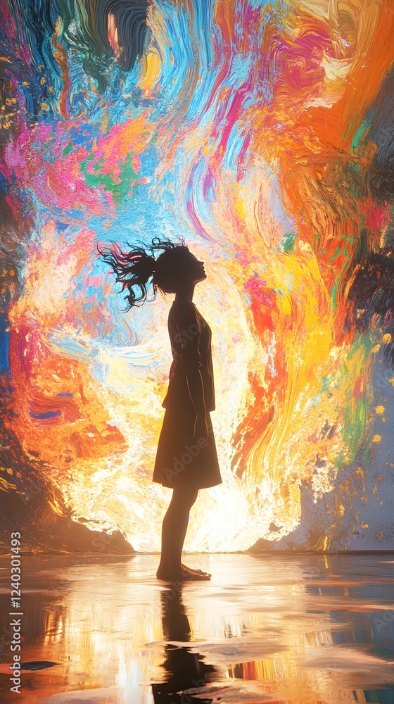 Aufkleber dynamic 3d cinematic rendering of a painter energetically splashing vibrant paint onto a wall creati