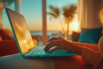 Woman works on teal laptop at sunset, enjoying ocean view from cozy home.