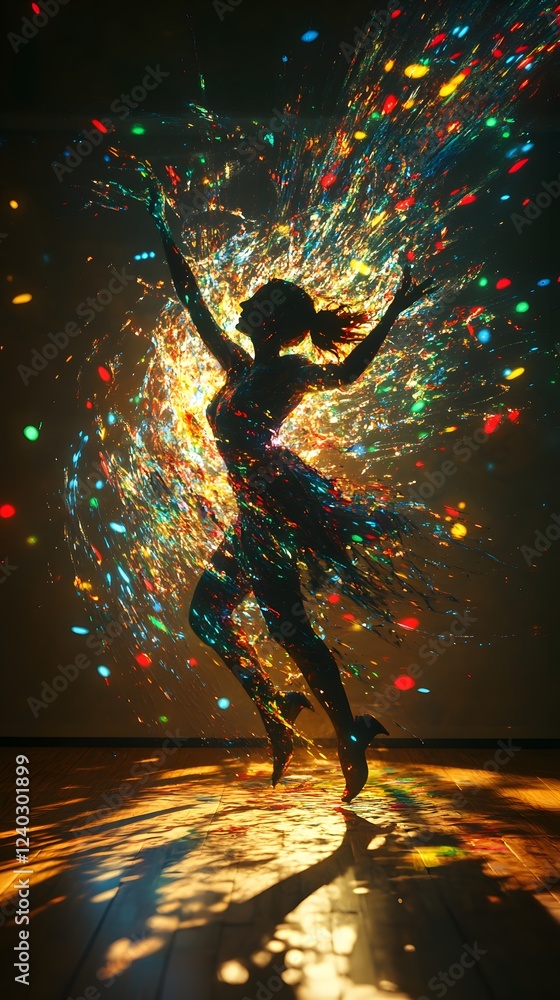 Poster dynamic 3d fullbody cinematic view of painter energetically splashing paint onto a wall creating an 