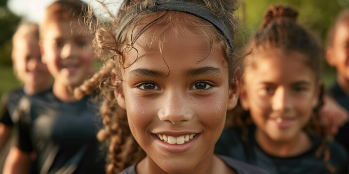 Happy group of diverse children playing outdoors in the sun. Move More Month
