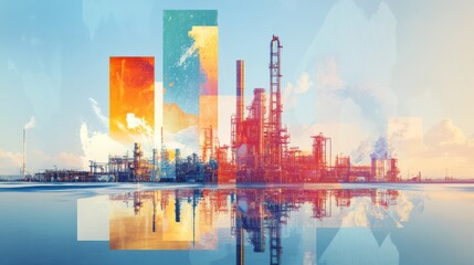 Vector Silhouette Industry - Oil industry with analogs for oil production - process industry and refinery in the background