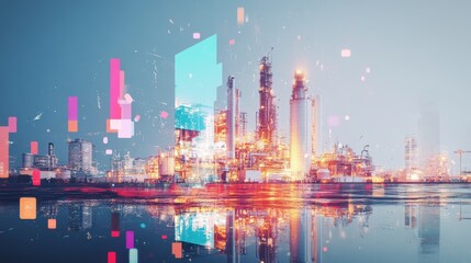 Vector Silhouette Industry - Oil industry with analogs for oil production - process industry and refinery in the background