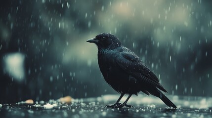 Fototapeta premium A blackbird stands amidst a soft rainfall, its midnight plumage sleek and glossy, embodying persistence and resilience.