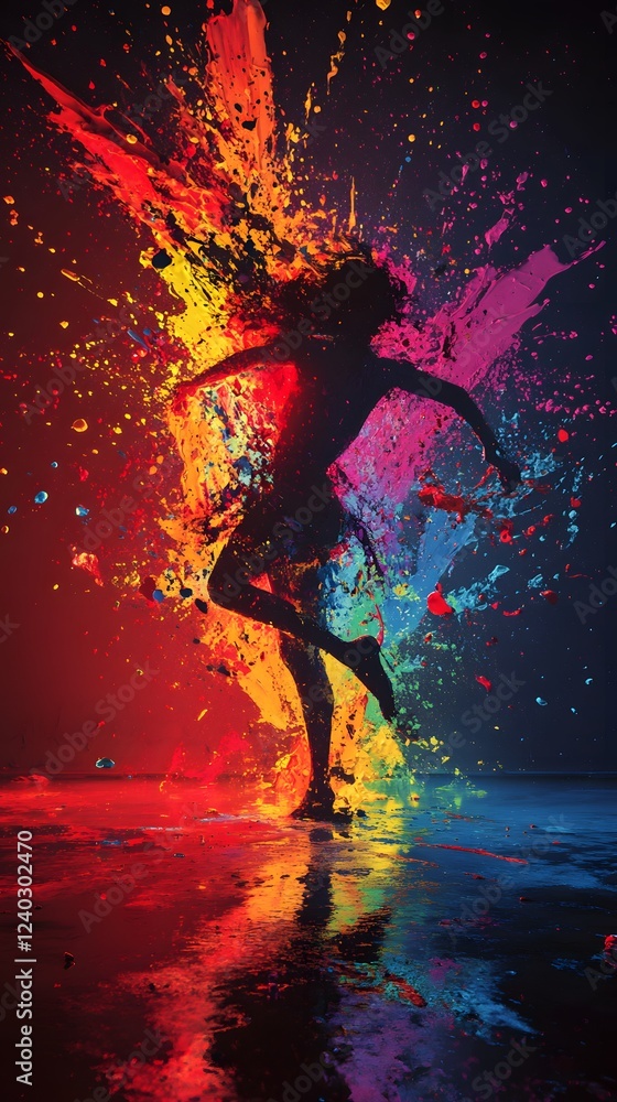 Poster dynamic 3d fullbody cinematic view of painter energetically splashing paint onto a wall creating an 