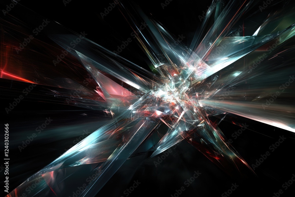 Poster abstract fractal art featuring sharp, glowing shards in red, teal, and white, exploding from a centr