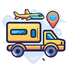 Colorful Illustration of Delivery Truck with Airplane and Location Pin for Transportation and Logistics Themes