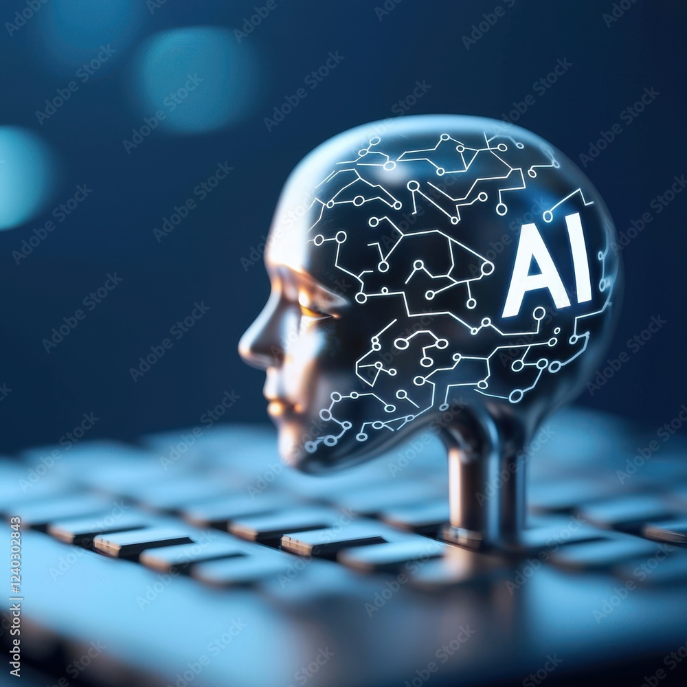 Poster startup seed technology concept. ai model with digital connections and keyboard.