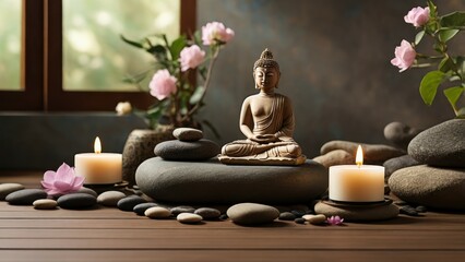 Tranquil Meditation Scene with Yoga Accessories – Incense, Candles, Buddha Statue, and Soft Ambience
