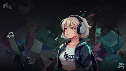 Beautiful anime girl listening to lo-fi hip hop music with headphones. Manga, cartoon drawing., abstract isolated background PNG, cartoon style, animal designations
