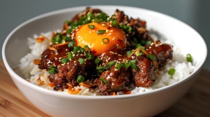 Fototapeta premium Delicious korean rice bowl with egg and beef in soy sauce garnished with green onions and sesame seeds. Filipino Food Month