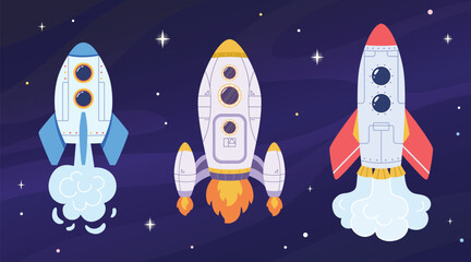 Cartoon spaceships set. Rocket takeoff. Space travel on shuttles. Fast innovative transport for exploring the universe. Vector illustration