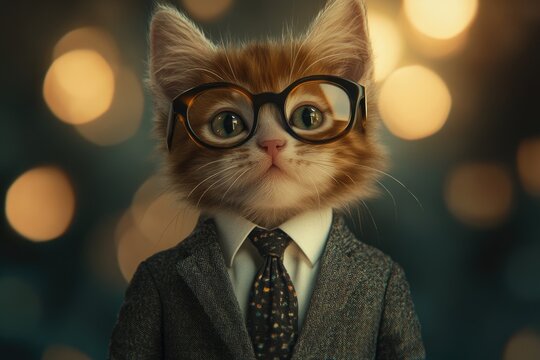 A ginger kitten wearing glasses and a suit, looking sophisticated against a bokeh background.