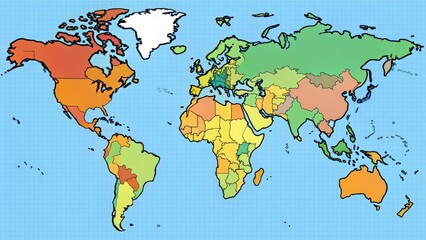 A Colorful Hand-Drawn World Map Depicting the Continents and Their Diverse Nations