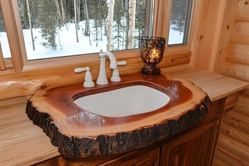 Rustic Log Cabin Bathroom Sink with White Faucet and Winter View