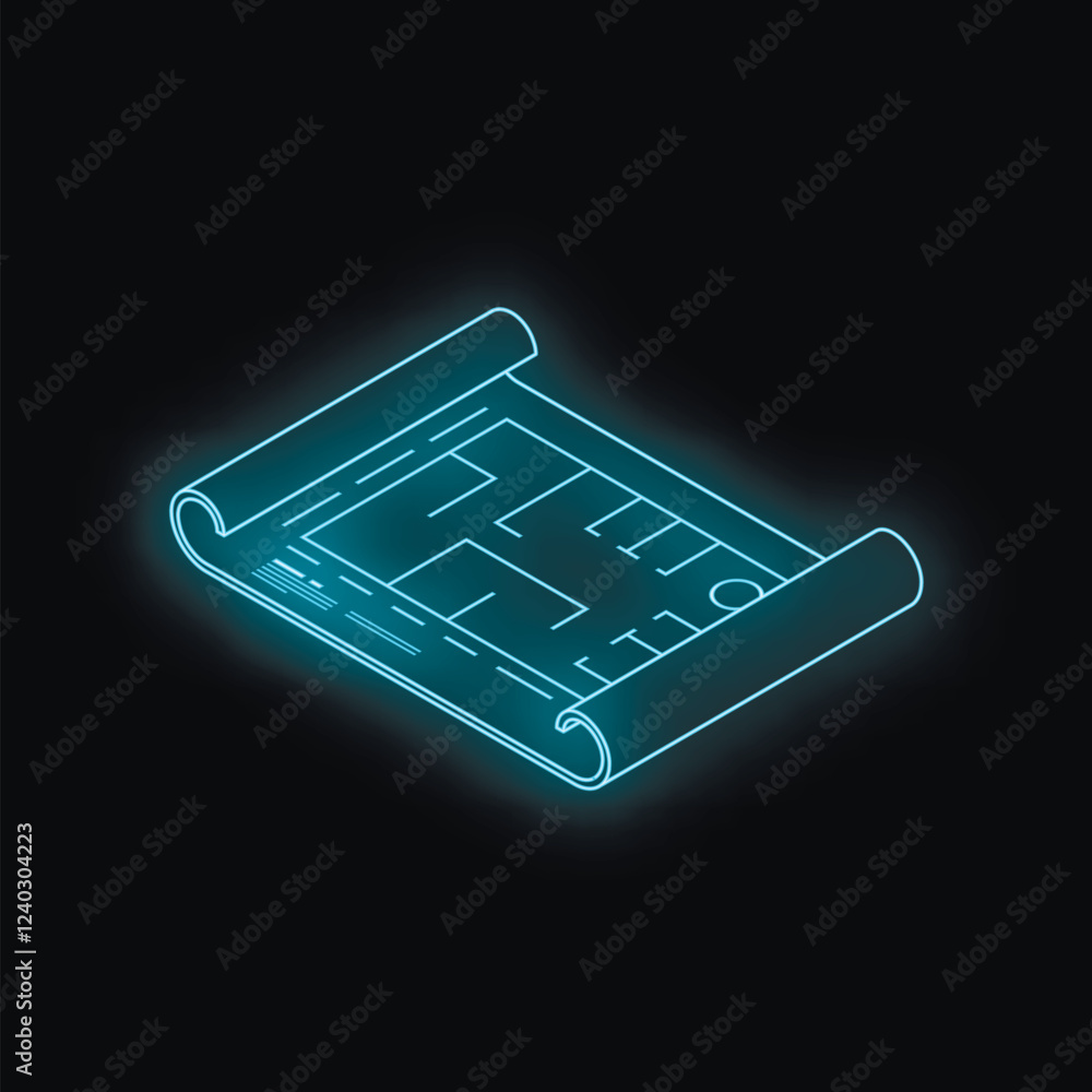 Poster neon blueprint representing architectural project or engineering plan, glowing on dark background