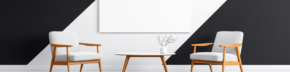 Minimalistic black and white interior scene featuring two chairs and table. geometric wall design creates modern and stylish atmosphere, perfect for contemporary living spaces