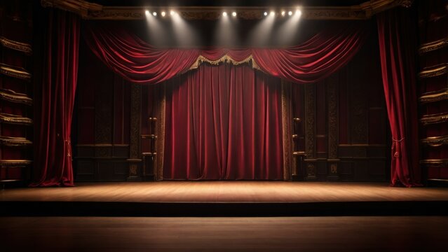 Grand Theater Stage with Red Velvet Curtains – Dramatic Performance Setup