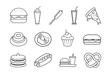 Food icons set. Simple line art icons of various fast food and desserts Burger, pizza, chili dog, soft drink cup etc. Vector illustration of many types fast food items set isolated on white
