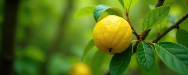 Yellow petals unfurl on the macadamia tree branches, forest, green