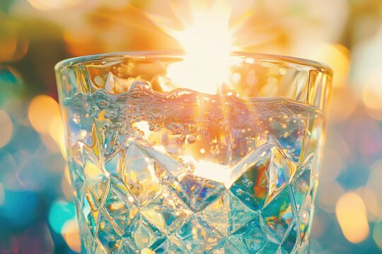 Sunlit glass filled with sparkling water and ice, creating a vibrant, refreshing summer scene.