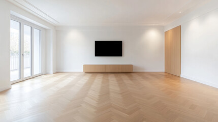 modern empty living room featuring parquet floor, white walls, and minimalist design. space includes wall mounted TV and large windows allowing natural light