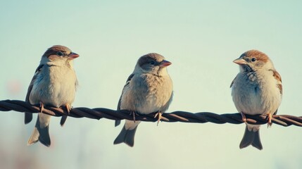 Fototapeta premium Three birds line up on a wire against a clear sky, capturing a moment of unity and playful camaraderie.