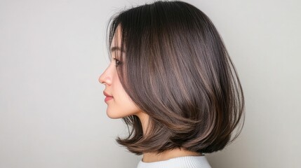 Naklejka premium Elegant Ash Brown Layered Hairstyle with Feathery Volume Professional Portrait of a Brunette Woman with a Sophisticated Modern and Stylish Haircut