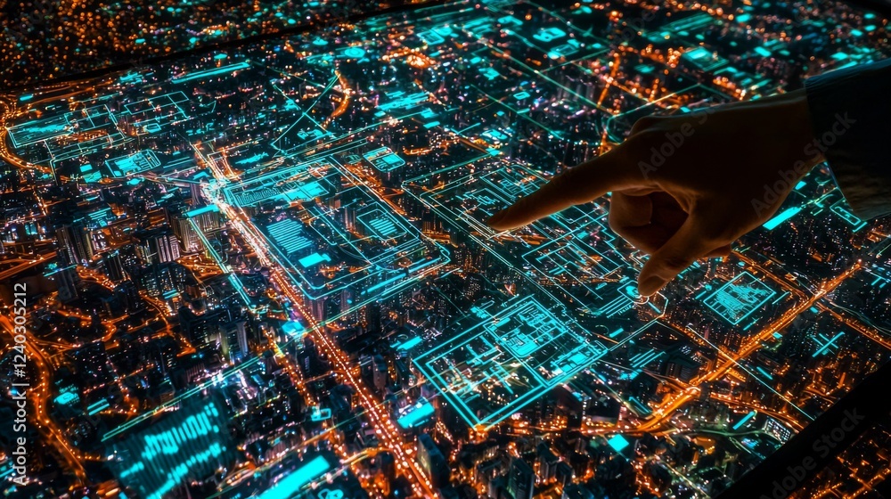 Poster aerial view of futuristic city mapping technology with hand interacting on touchscreen display