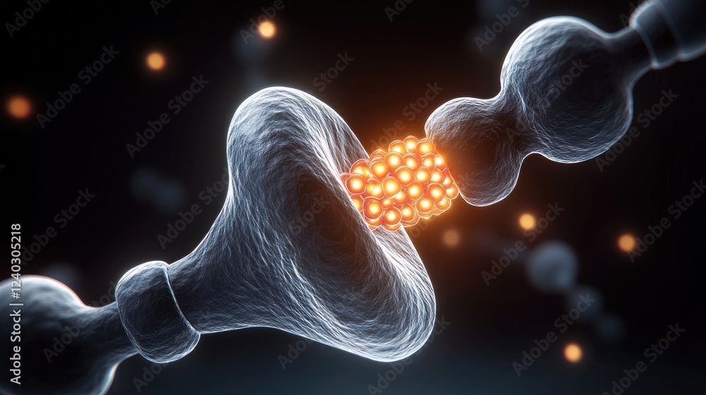 Poster neurotransmitter release event neuron synapse digital illustration scientific environment macro view