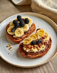 Nutty Chocolate Hazelnut Toast with Fresh Banana, Blackberries, and Chopped Almonds