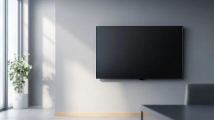 Fototapeta premium Modern office interior featuring wall mounted television, minimalistic design, and natural light. space is calm and inviting, perfect for productivity