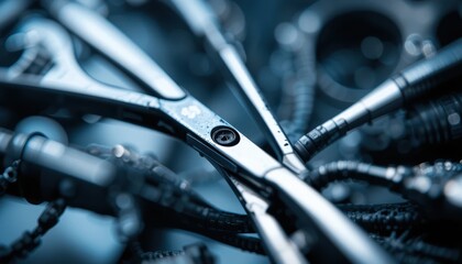 Obraz premium an extreme macro shot of modern surgical scissors and forceps highlighting intricate reflections and textures