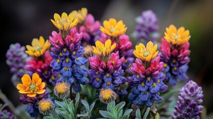 A close-up shot of a cluster of vibrant wildflowers in bloom, featuring various colors like purple, yellow, and red. The flowers are illuminated by soft sunlight, enhancing their vivid hues
