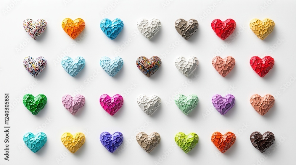 Poster vibrant aquarelle hearts displaying unique designs in an assortment of colors and patterns on a whit