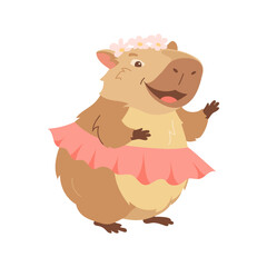 Cartoon pretty capybara in skirt and wreath on her head. Design element of funny animal, cute biggest rodent. Flat vector children's design illustration for print, greeting card, packaging, fabrics