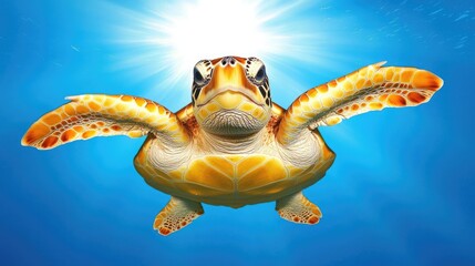 Obraz premium Swimming sea turtle underwater ocean wildlife photography vibrant environment upward view marine conservation
