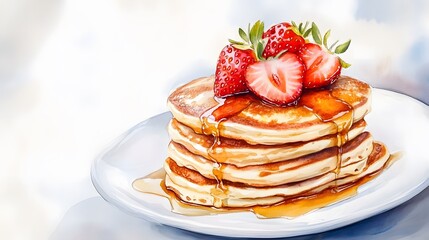 Delicious Pancakes Topped With Fresh Strawberries and Syrup