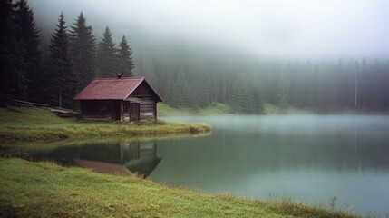 Fototapeta premium A cozy cabin stands by a misty lake, surrounded by lush trees, capturing a tranquil, secluded atmosphere.