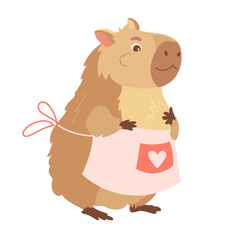Cartoon pretty mother capybara in an apron. Design element of funny animal, cute biggest rodent. Flat vector children's design illustration for print, greeting card, packaging, fabrics
