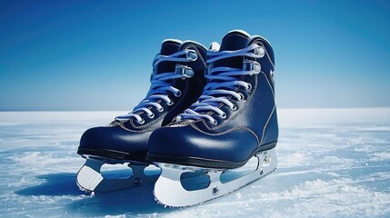 Ice skating action on frozen lake close-up of blue ice skates winter sports clear sky dynamic perspective