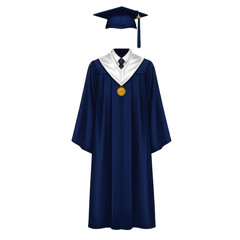 Modern graduation outfit with navy-blue gown and white satin accents with matching cap and transparent neck and head area