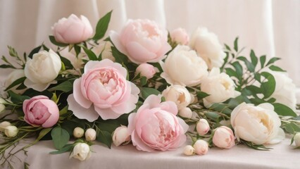 Romantic Background with Ivory Roses, Soft Pink Peonies, and Greenery for Wedding Websites