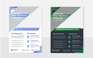 Modern business a4 flyer tmpete design with rectangular blue and green shape.