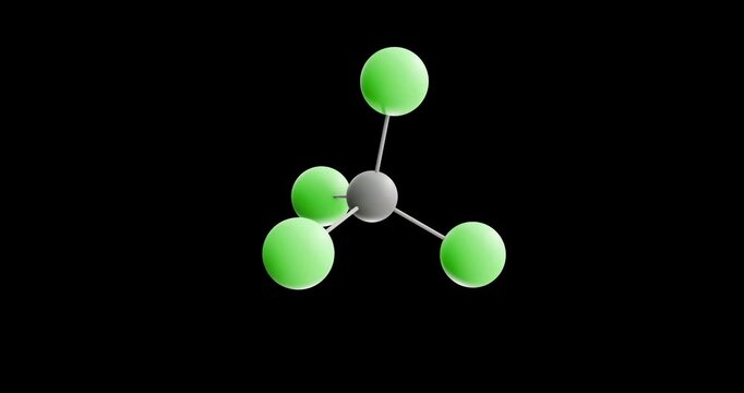 Carbon tetrachloride molecule, rotating 3D model of carbon tet, looped video on a black background