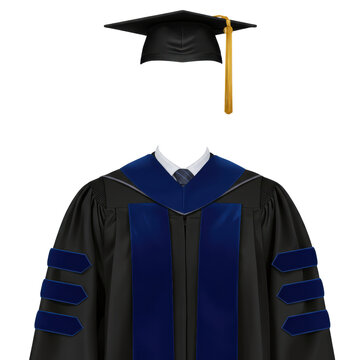 Black academic robe with blue velvet detailing and matching doctoral hood with transparent neck and head area