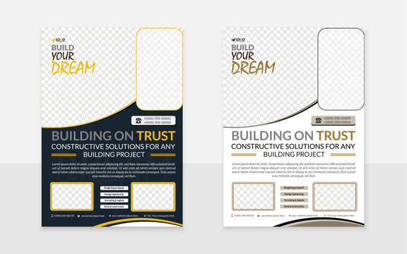 Modern a4 construction flyer template design with rounded rectangular navy blue , orange and brown iconic shape.